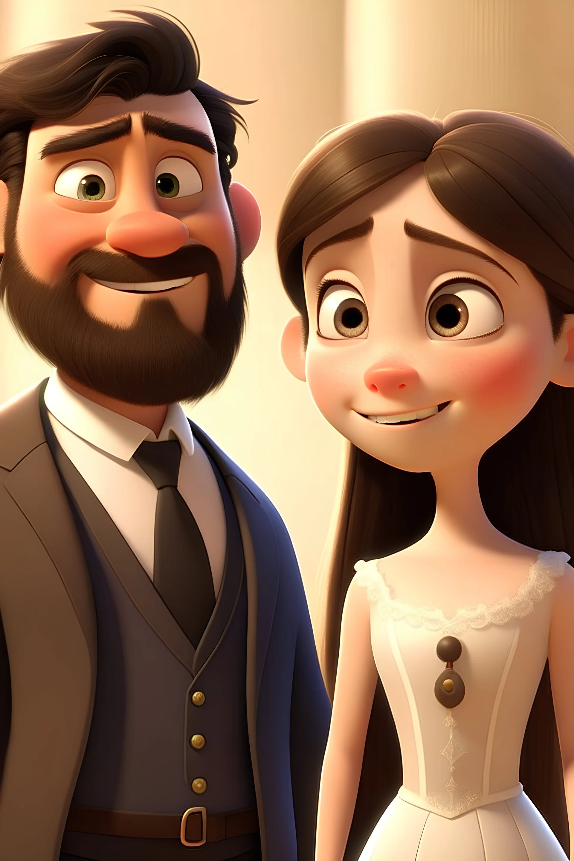 Portada de Pixar en una boda, una chica joven con vestido blanco de novia cabello castaño largo y ojos cafés sonriendo, junto a un chico joven alto con barba traje negro y moño negro cabello castaño corto y ojos cafés en su boda