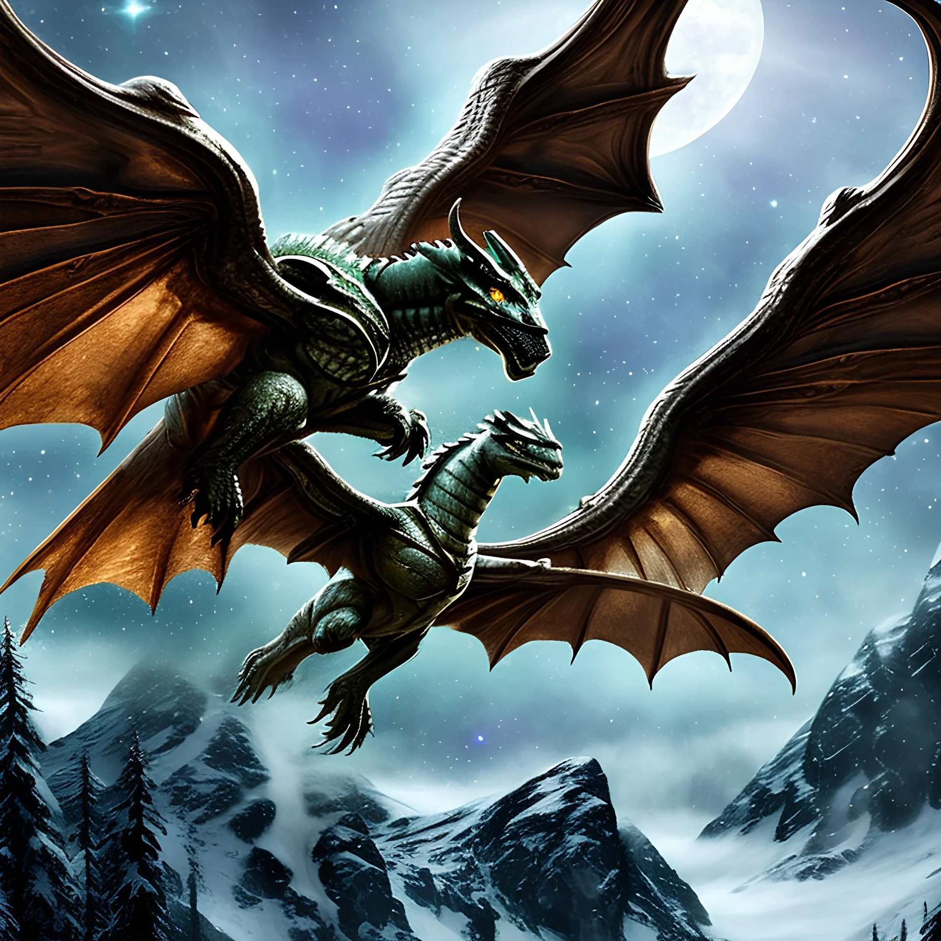 image framed with a thin border of celtic designs, story book cover format, A Skyrim style winged celestial dragon in flight above a forested mountain, against a background of brilliantly glittering stars, hd 4k, fine sharp detail