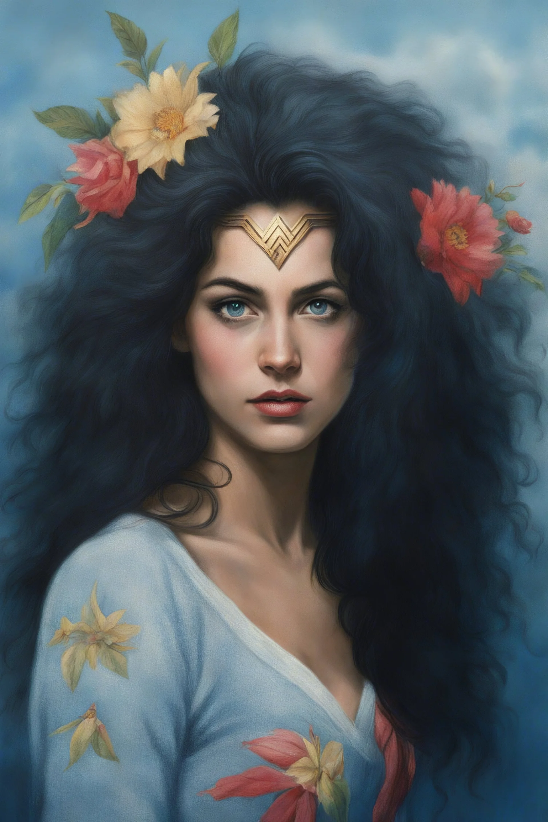 1980, 16-year-old wonder woman, gray cotton sweater, ((1980's big hair, long, teased up Spikey Motley Crue style hair)), black hair, facial portraits, foggy, cloudy blue wall with assorted designs and multiple floral arrangements in the background, 4k, 8k, 16k, 32k, 100k UHD, Ultra-Hyper Resolution, dark, sultry eyeshadow, eyeliner, mascara, rouge, lipstick