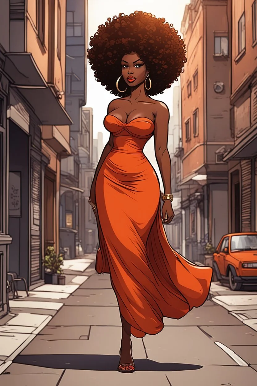 Create a comic book art cartoon image of a curvy black female walking thru the city streets wearing a burnt orange off the shoulder maxi sundress. Prominent make up with brown eyes. Highly detailed tight curly black shiny afro