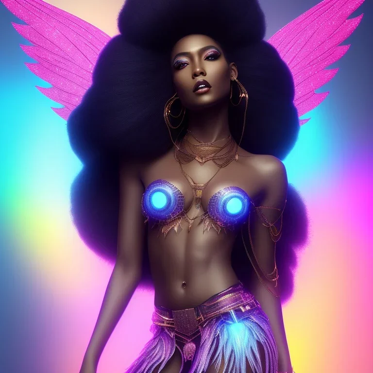 full body shot, masterpiece, best quality, black skinned, sparkling eyes, long hair, gorgeous African Fairy queen,wings,fluorescent skin,light blue makeup,synthwave, light indigo, trasparent , irridescent, highly detailed body, sun light, 4K, RAW, depth of field, high contrast, realistic details, 24mm vaporwave aesthetic, synthwave, artstation, concept art, smooth, extremely sharp detail, finely tuned detail, ultra high definition, 8 k, unreal engine 5, ultra sharp focus