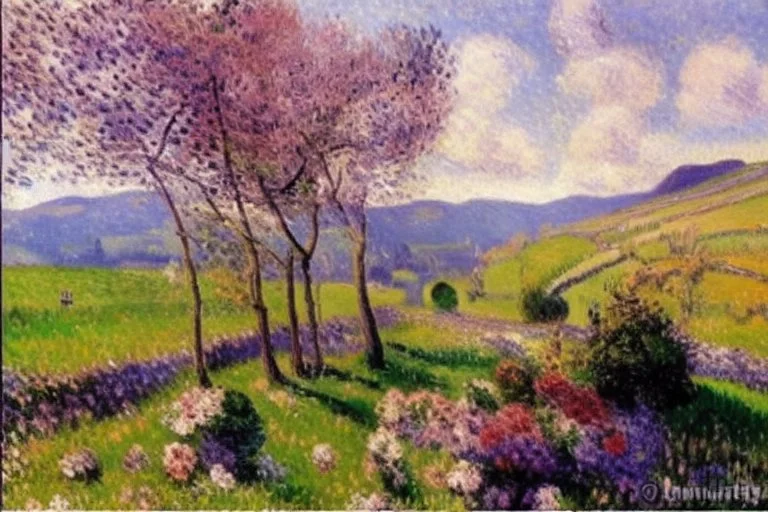 Sunny day, clouds, spring trees, spring influence, flowers, grass, prairie, stone walls, mountains, camille pissarro impressionism paintings