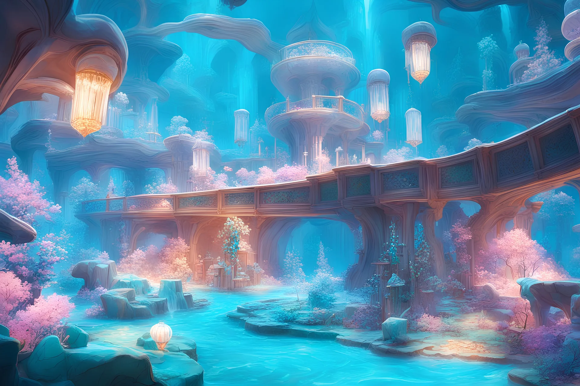 Monde merveilleux aquatique, chateau cristal, pierre précieuse, eau turquoise