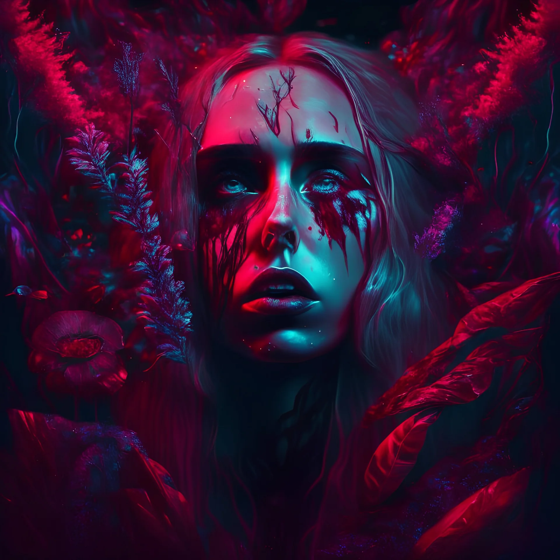 iridescent, Singer Danish MØ face, blood, futuristic, guts, wildflower, cosmic, intricate, darkred tones,sidhe, ominous, nature, plants,