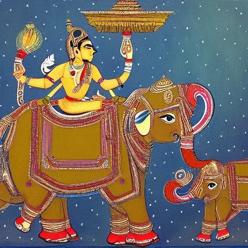 indian gods riding an indian elephant painting