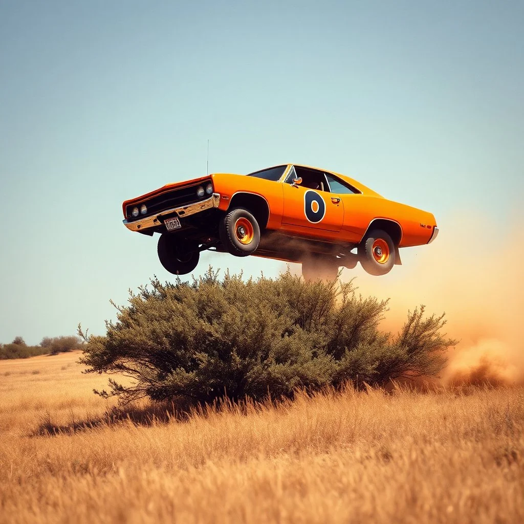 dramatic angle, dukes of hazard's general lee super car jumping over a bush in a dusty field