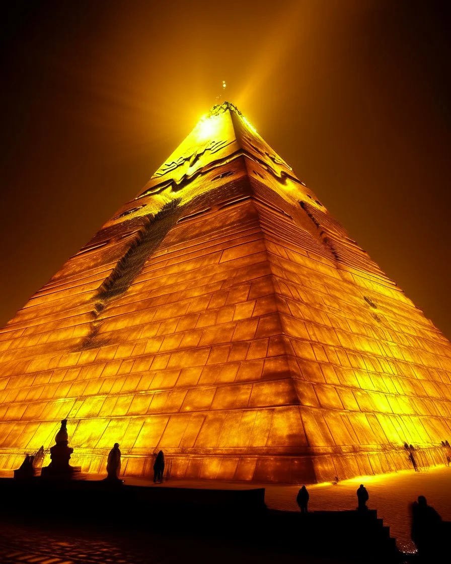 A golden yellow pyramid kingdom with flashing light painted by Vincent van Gogh