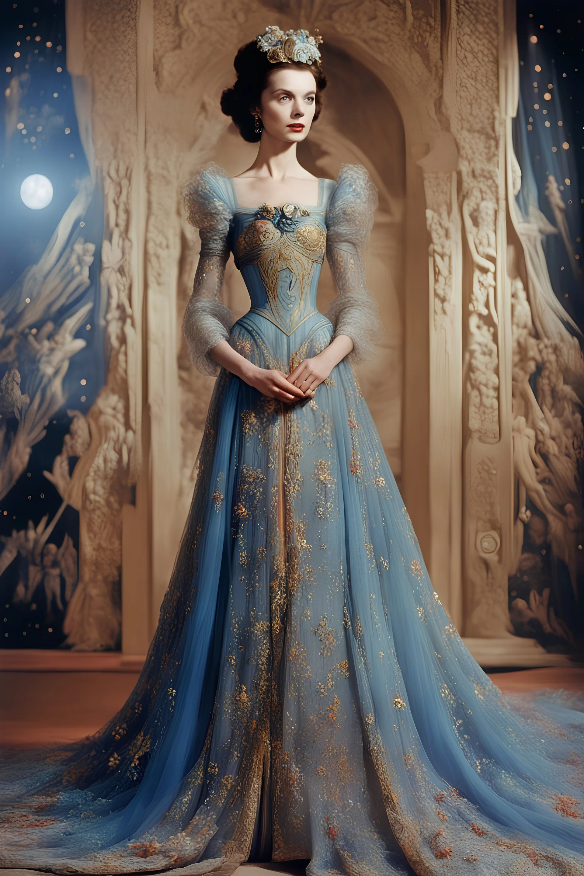 Austrian simbolism, hiper-realistic technicolor Vivien Leigh Princess wears a Star wars Surrealist Armenian embroidered organza avant-gard fashion gown, ornamental details,caravaggism, in space opera movie style by Max Ernst