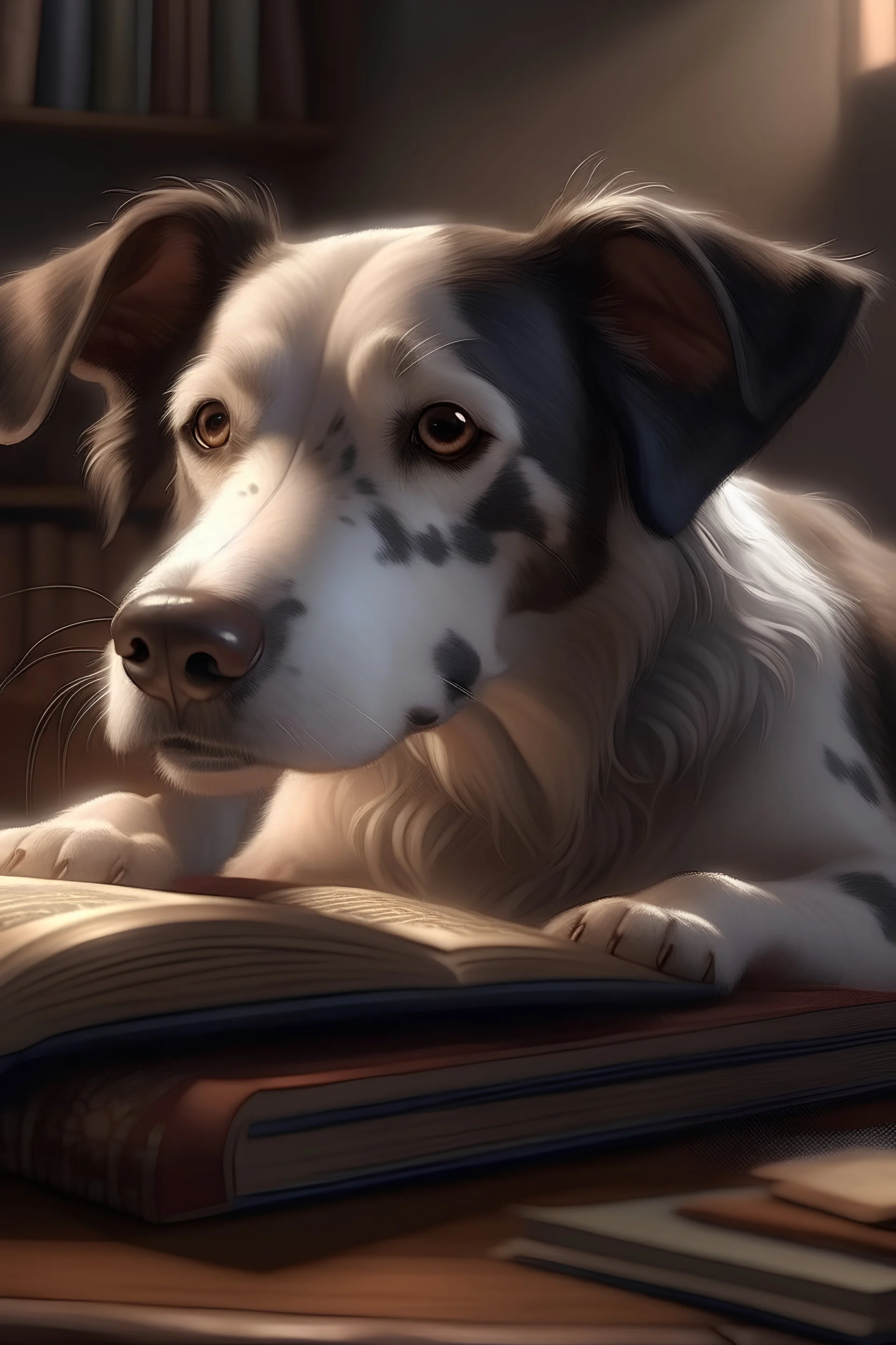 /imagine prompt: Realistic, personality: [Illustrate a medium shot of Spot, now a wise older dog, lying down with a book next to him. The book has become his constant companion, and his expression exudes peacefulness and contentment] unreal engine, super real --q 2 --v 5.2 --ar 128:55