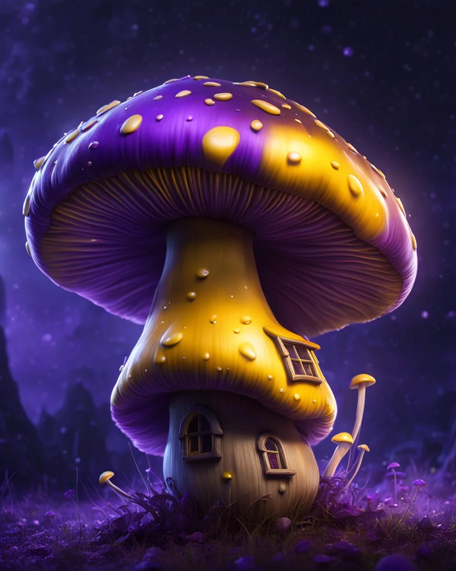 A solitary floating mushroom house on a clear night. silver and yellow and purple, Dark cosmic interstellar. Detailed Matte Painting, deep color, fantastical, intricate detail, splash screen, hyperdetailed, insane depth, concept art, 8k resolution, trending on Artstation, Unreal Engine 5, color depth, backlit, splash art, dramatic, High Quality Whimsical Fun Imaginative Bubbly, perfect composition