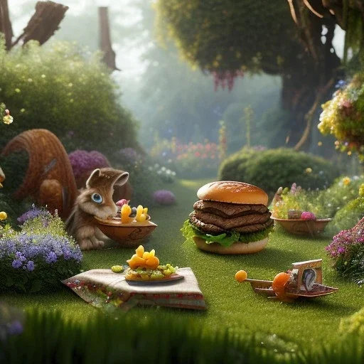 pixar style, volumetric summer garden environment and background, realistic painting of steak burger, looking excited, volumetric lighting, dramatic lighting, detailed digital painting, extreme dense and fine fur, anime, ornate, colour-washed colors, elegant, small minutiae, tiny features, particulars, centered, smooth, sharp focus, renderman gofur render, 8k, uhd, detailed eyes, realistic shaded volumetric lighting, sunlight caustics, backlight, centered camera view