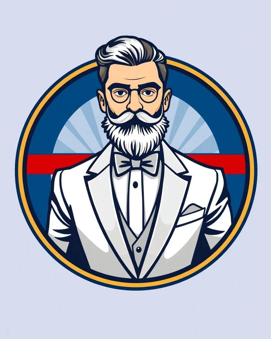 A circular logo with a vector of a handsome groom or beard and mustache with a formal suit at the top of the logo in a blue, red, white, gold, and silver color theme.
