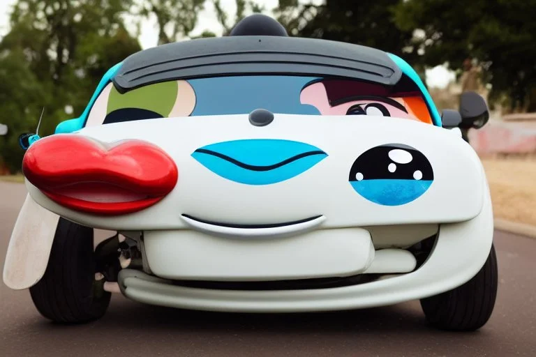 whimsical cartoon car with big eyes and its front grill forming a friendly smile, with a mouse character riding on it.