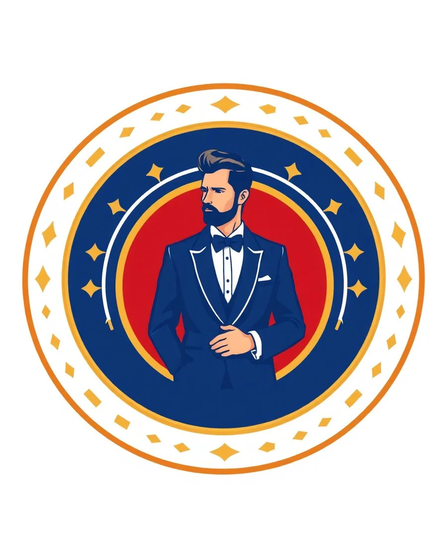A circular logo with a vector of a groom in a suit at the top of the logo in a blue, red, white and gold color theme.