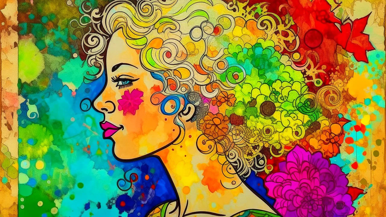 abstract art complementary colors fine details , old torn worn paper, high grain, portrait blonde , flowers in hair, acrylic, alcohol ink, fine drawing, A blonde woman in her 40s, with flowers woven into her loose, curly hair, sits in a whimsical, fairytale setting, surrounded by delicate swirling patterns reminiscent of the textures of old torn paper, in a vibrant, abstract style combining acrylic and alcohol ink techniques, with fine detailing that highlights complementary colors, in the expre
