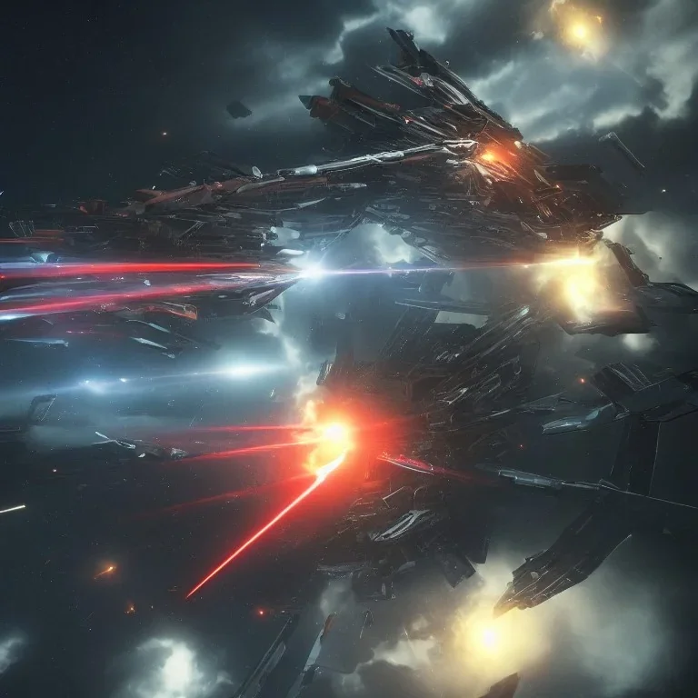 EXPLODING SPACESHIP SHOOTING LASERS IN BATTLE, cinematic lighting, 4k, 8k, octane render, digital concept art, pinterest, extremely detailed, ambient lighting.