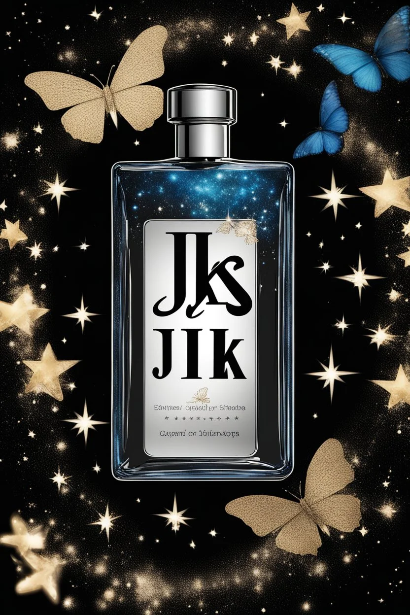 The design of a black perfume bottle as a galaxy of stars and a blue butterfly containing the word jiks