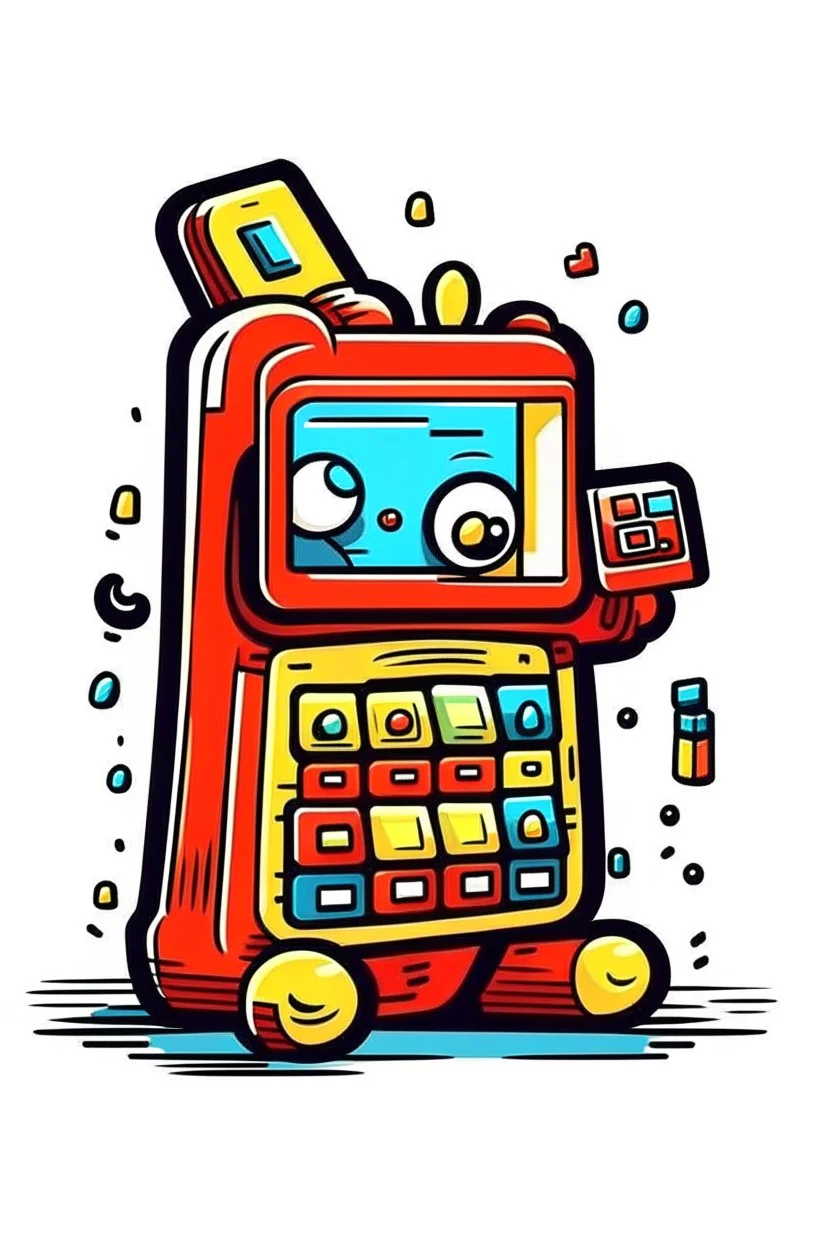 A chunky brick phone with a cartoon character antenna topper blasts a pixelated game on the tiny screen. Two pairs of eyes peek excitedly over the top of the phone. Style: Pop Art, Mood: Playful, Lighting: Bright, contrasting colors, T-shirt design graphic, vector, contour, white background.