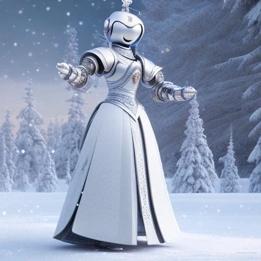 smooth hyper realistic, beautiful Japanese snow knight robot in crown, pale colors, dark cosmos background, extremely sharp detail, finely tuned detail, ultra high definition, 8 k, unreal engine 5, ultra sharp focus, accurate sword wings, positive smile, lot of details, fit within portrait, Ambiance winter, perfect composition, perfect hair, perfect hands, finger up gestures