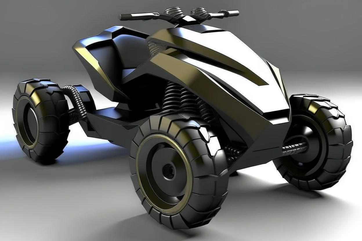 lowpoly highly symmetric metallic atv with black rubber wheels