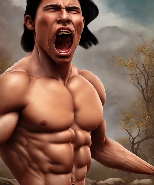 native american warrior, long black hair, big muscles, face up, mouth wide open, scream face, shirtless, looking to the sky