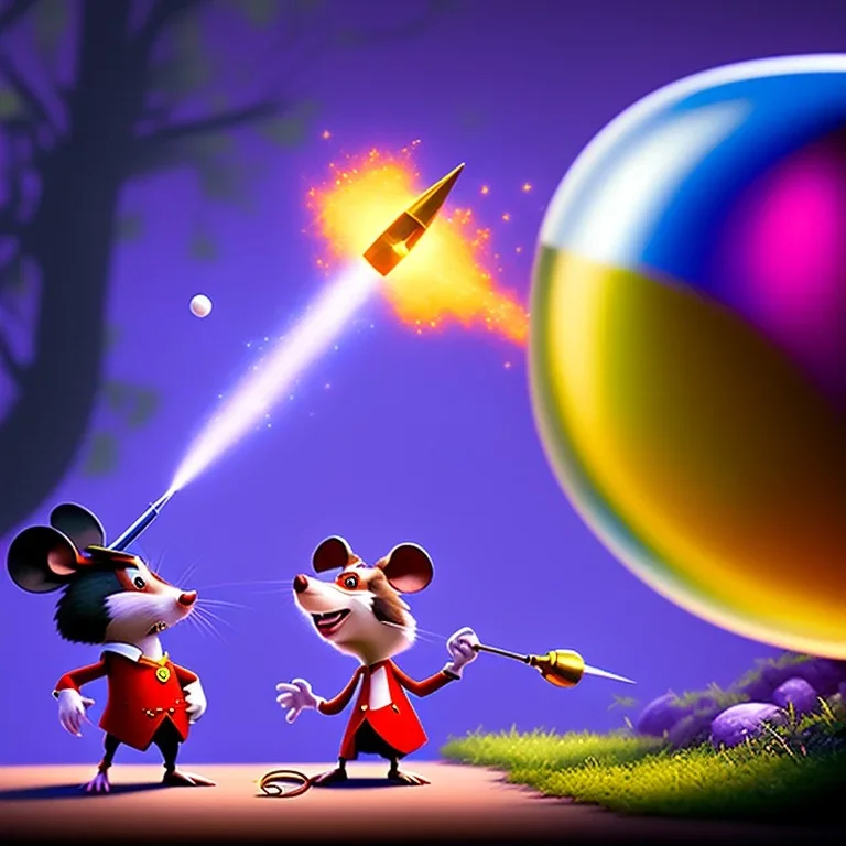 The mouse and the executioner discussing the future of the universe on bubble world, art by Pixar and Dreamworks