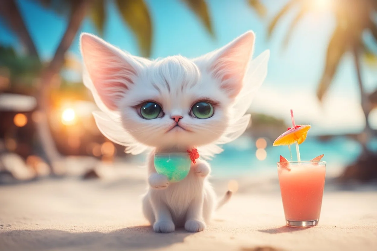 cute chibi cat fairy in a tropical beach with cocktail in sunshine, ethereal, cinematic postprocessing, dof, bokeh