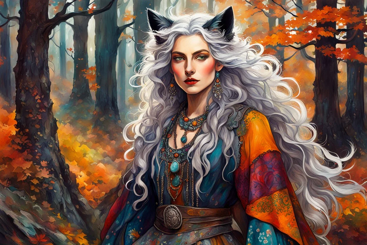 full body, close up fantasy portrait, of a cool female silver fox bohemian , with highly detailed hair and facial features, in a flowing, ornate peasant dress in an otherworldly, mystical and enchanted forest ,in the painting style of Egon Schiele, Arthur Streeton and Peter Wileman in vibrant autumnal colors