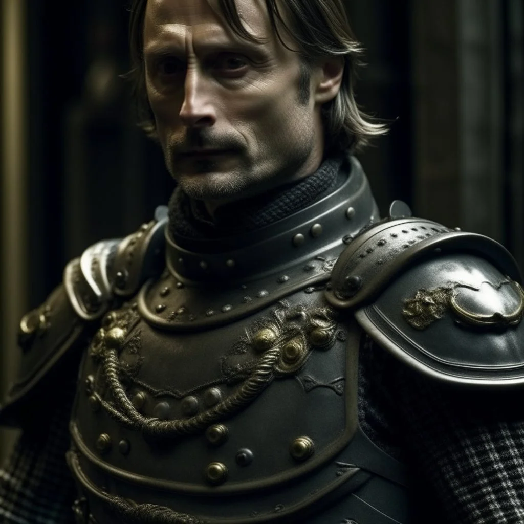 mads mikkelsen dresses in knight's armour, head fully in frame, high quality photo