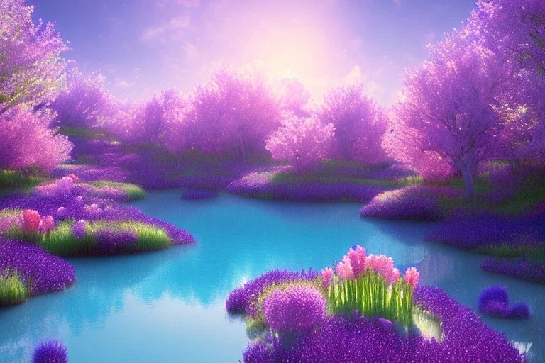 monde en fleurs bleu pink,blue lake, concept art, crépuscule , trees bleu pink violet oranger, vibrant Color, réaliste, crocus