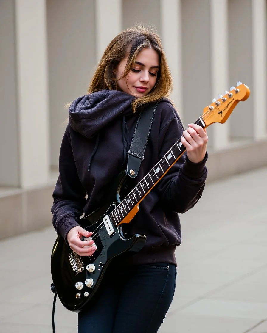 attractive woman(wearing a dark hoodie of light material) playing an electric guitar while leaning back