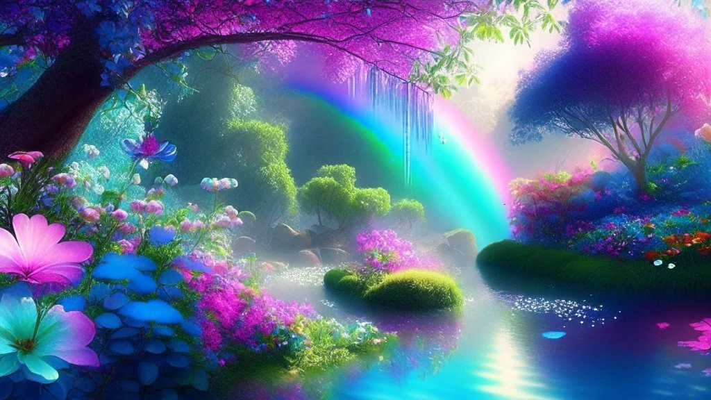 verybeautiful-magical-garden-of-the-angelic-kingdom-blue-and-pink-plants-and-trees-small-river-sunshine-flowers-haze-thumb-rainbow-ufo-bright-colors-light flowers