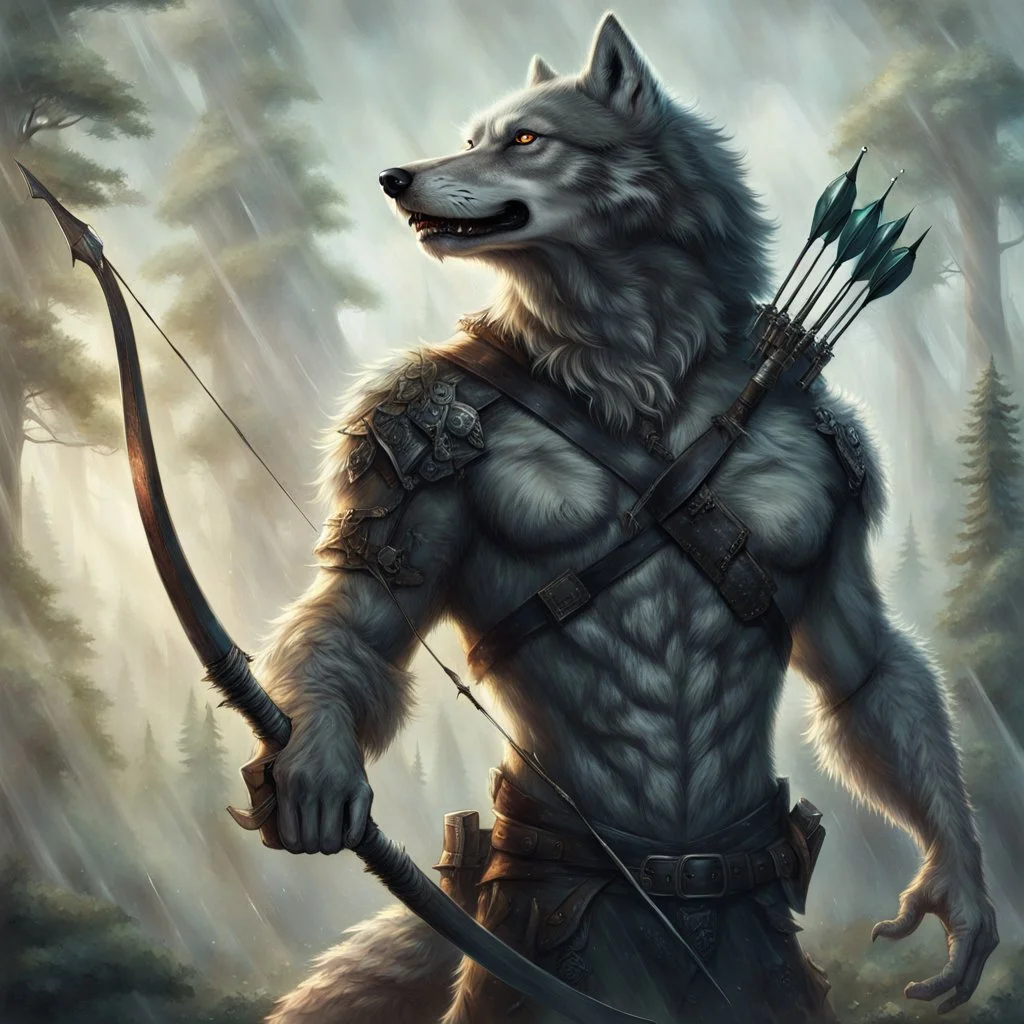 an anthropomorphic wolf man in just full furry wolf body hair and wearing just a dark belt around his chest holds a bow in his paw, quiver with arrows on his shoulder and looking warlike the horizont, blur background with giant alien trees, rainy day, detailed, cinematic, sci-fi, fantasy mood