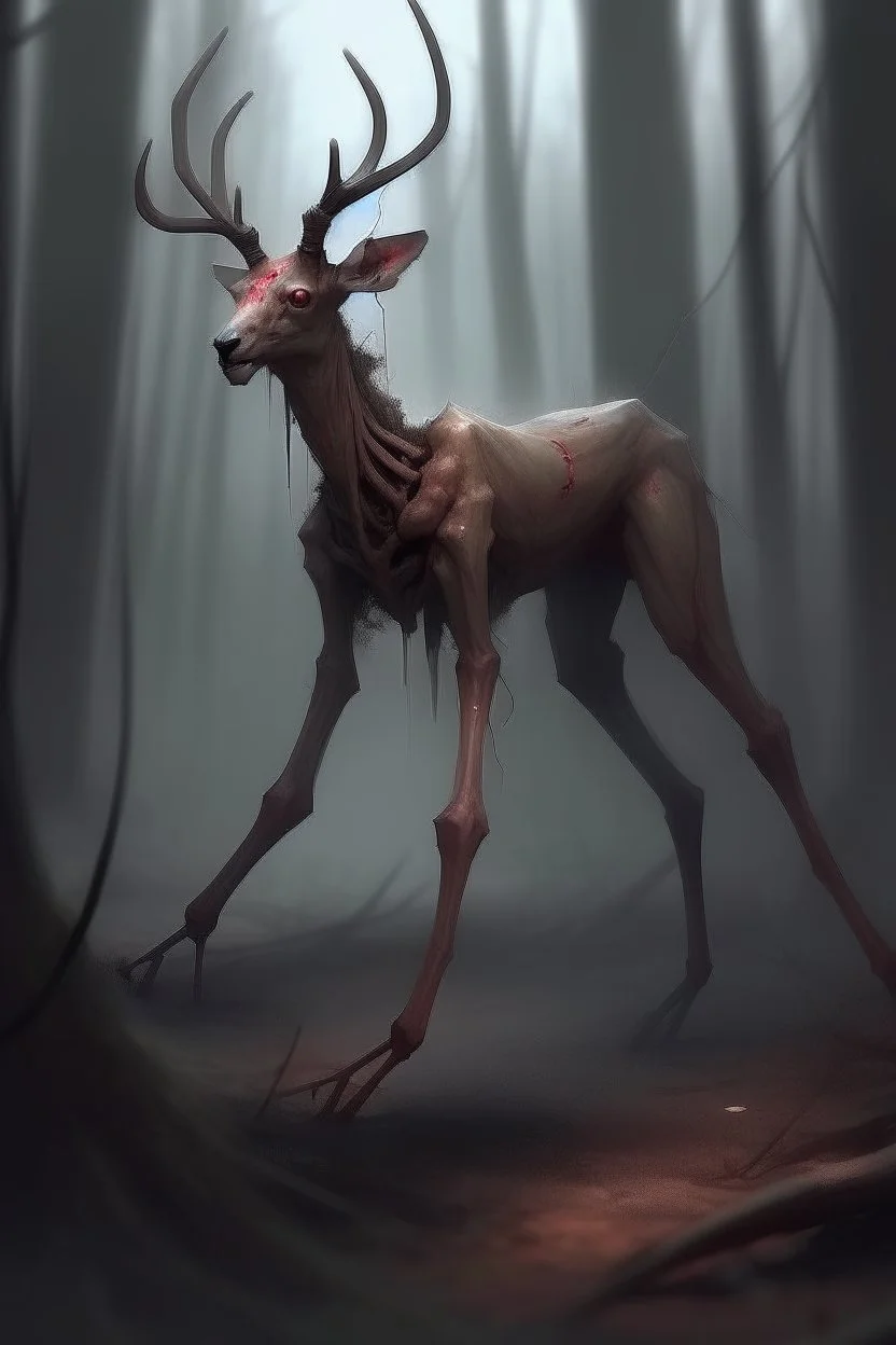 a deer except: . Legs bent backwards . Barrel chested/bloated abdomen . Emaciation . Eyes belonging to unrelated animals . Forward-facing eyes . Jerky movements . Loss of fear towards humans . Tendency to walk on two hind legs . General bodily disfigurement, creepy, scp art