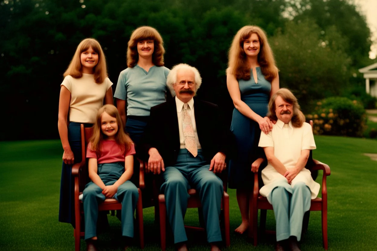 Awkward Family Photo, old and young sitting on chairs, weird smiling, long 70 hair and mustasch