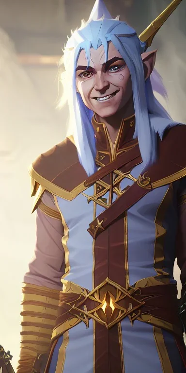 Dungeons and dragons character, wizard elf male, high detail, High definition, long white hair, wizard robe, joyful happy expression, smiling