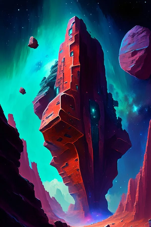 Towering starship fortress in red canyon with blue and green mineral rocks nebula starry sky painterly rpg art