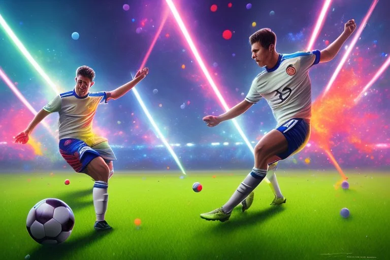 Oil painting, full body of a soccer player, he is kicking the ball, the ball is flying, bright but not neon colours, dynamic lines, dynamic blobs, spots, lines in the background of the character, splash like a colour explosion