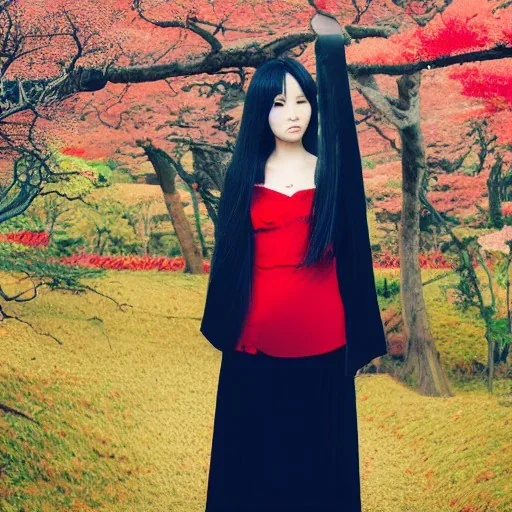 Women in Japan, long black hair, blue eyes, red dress