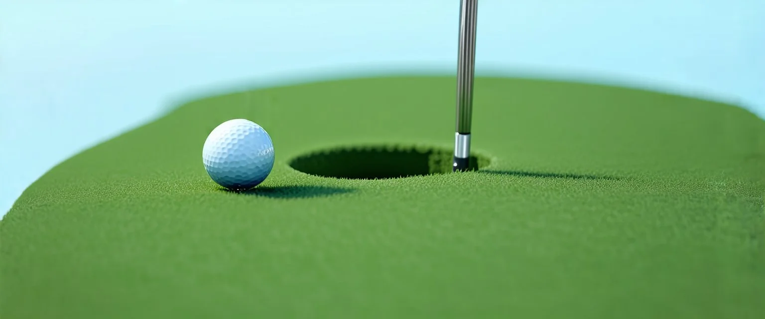 macro photo of a golf green, golf ball with shadow next to the hole(circular), ground is short groomed green grass, clear blue sky, add texture and depth, realism