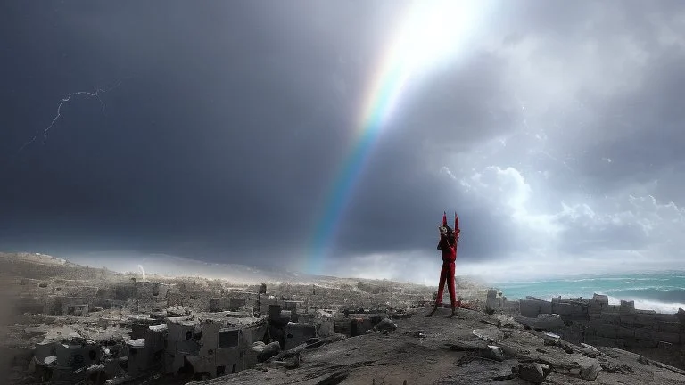 PEACE IN GAZA.Rainbow symbol pf peace up on the sky,Photo-realistic scene ,desolate, standing on a jagged cliff, overlooking turbulent, inky black ,A storm brews in the distance, with dark, ominous clouds gathering, powerful beam pierces the darkness, and within its light, ethereal shadows of shipwrecked souls can be seen, their translucent forms forever searching for a way home.