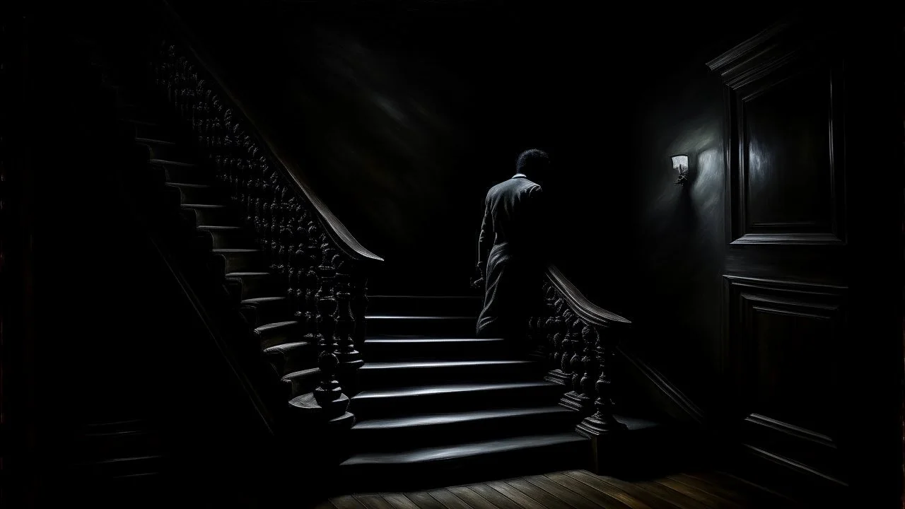 A dark and ominous oil painting, depicting a shadowy figure lurking on a staircase