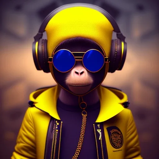 Monkey toddler, steampunk headphone, sunglass, gangsta neckless, full body, yellow puffer jacket, tokio background, dramatic lighting, hyper realistic, unreal engine 5, 16k