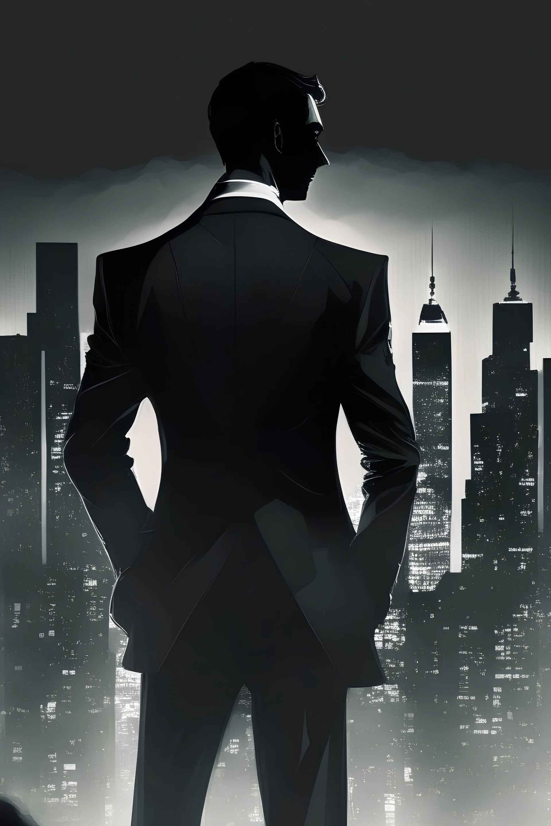 Generate an image where the man in the black suit and tie is standing in a modern cityscape. The background should consist of tall, glass skyscrapers, with lights illuminating the city at night. The man should be positioned in the foreground, with his back slightly turned towards the viewer, as if he is observing the city below. His confident stance and the sleekness of his suit should convey a sense of power and sophistication.