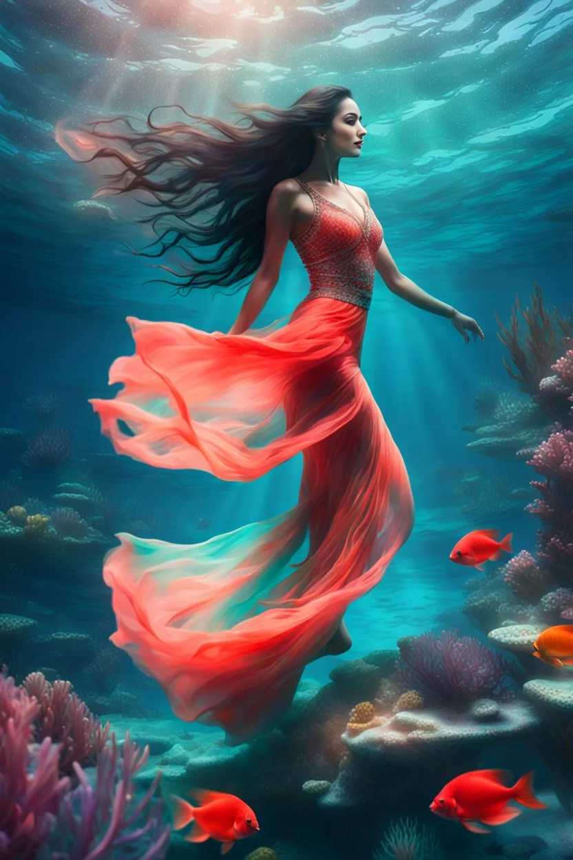 A graceful dancer wearing flowing skirts, in bright beautiful colors, underwater in a crystal clear jade colored ocean. Her long dark hair is flowing behind her. Bright coral and sea plants in the background. High resolution, high quality, 8k ultra high definition, high key realism, full body shot, contemporary art style