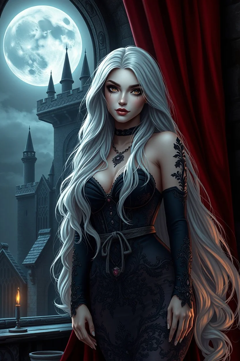 super beauty woman, cute big bubs, nice body, white long haired, gothic style, milf, rude mode, stay into a dark castle, moonlight on window, red courtain, high resolution image, intrincate details, view front