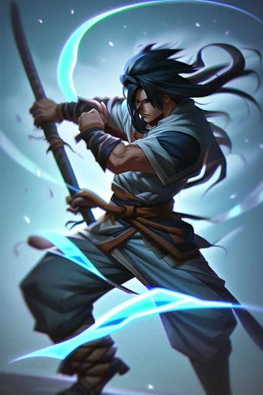 For Yasuo from league of legends, create a PFP that features a stylized version of his wind sword, with blue and white colors to represent his wind abilities. You could add some special effects, such as a glowing aura around the sword or some wind particles, to give it a more dynamic look.