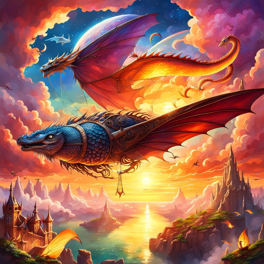 A zeppiln flying in a fantasy sky next to dragons and other fantasy creatures. Light, Sunset, Happy, Fantasy. In a hell like environment Magical. Epic. Dramatic, highly detailed, digital painting, masterpiece