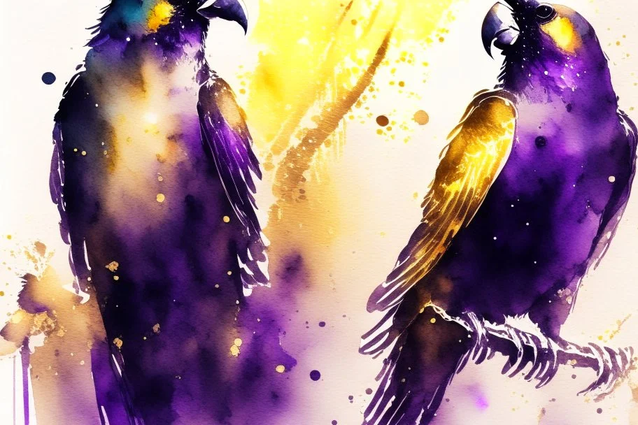 parrot-phoenix mix birds, a picture of togetherness, death, resurrection, purple in sunshine, watercolor and black ink outlines, sparkling golden glitter, ethereal, cinematic postprocessing, bokeh, dof