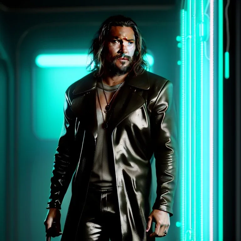 Actor, jason momoa, blade runner style, rain, fog, neon ambient, gradient color, clean skin, circuits, latex coat, cyber punk, neon, tubes, portrait, photo studio, unreal engine 5, smooth color, 16 bit, god lights, ray tracing, RTX, lumen lighting, ultra deatail, volumetric lighting, 3d, finely drawn, hd.